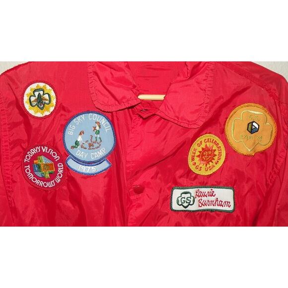 Vintage 70’s Girl Scouts Red Nylon Snap Jacket With Patches - Picture 2 of 4